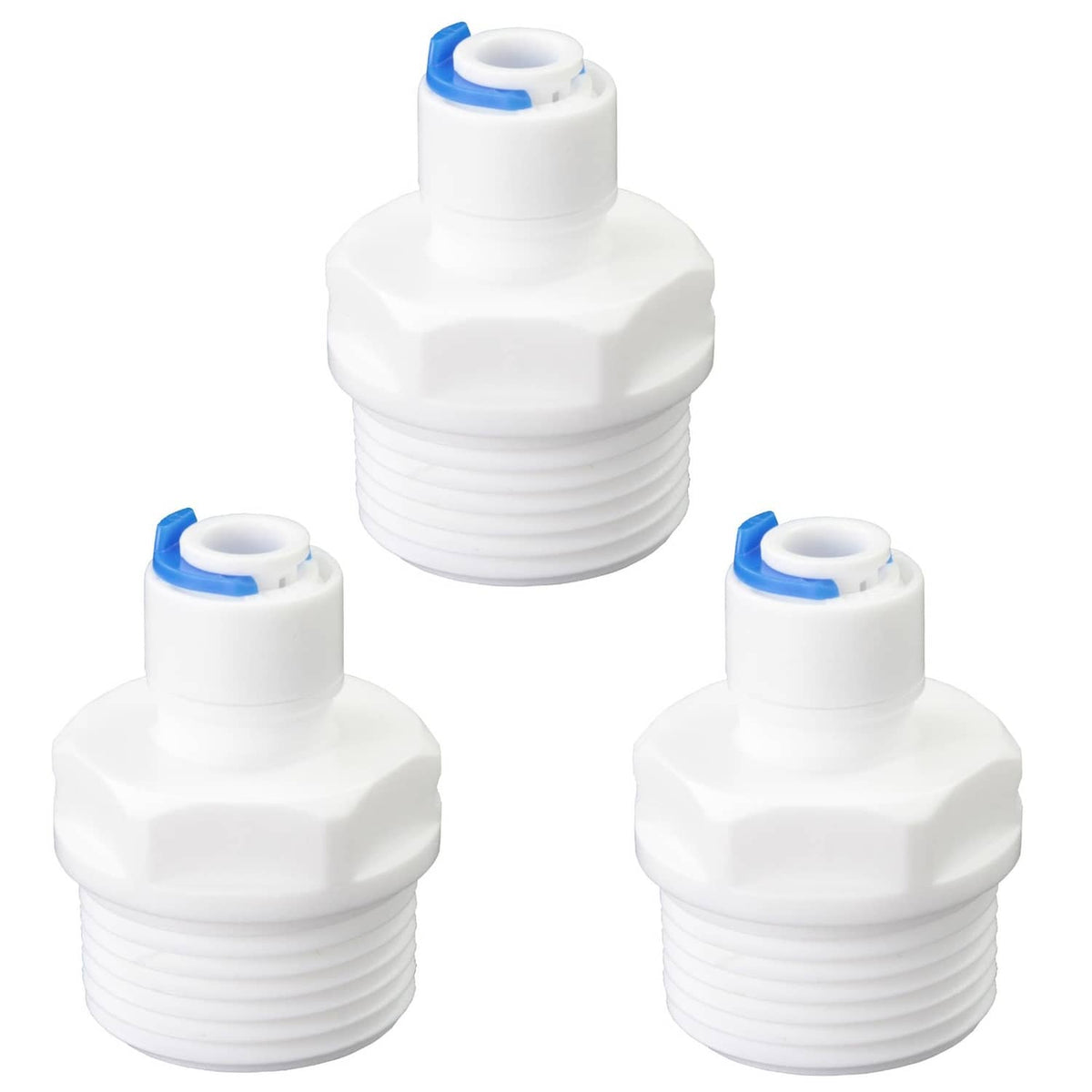 White plastic quick-connect fitting with 3/4 male thread and 1/4 OD tube end