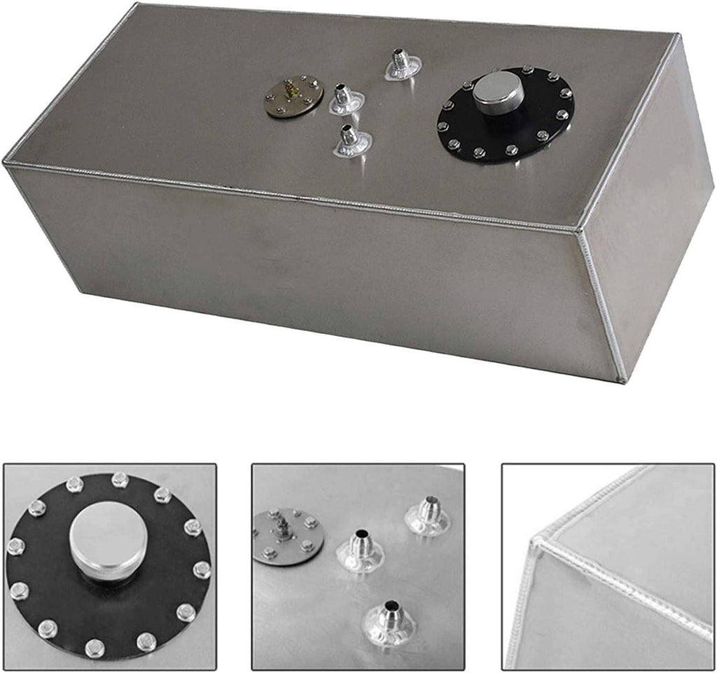 Aluminum racing fuel cell tank with black cap and level sender fittings