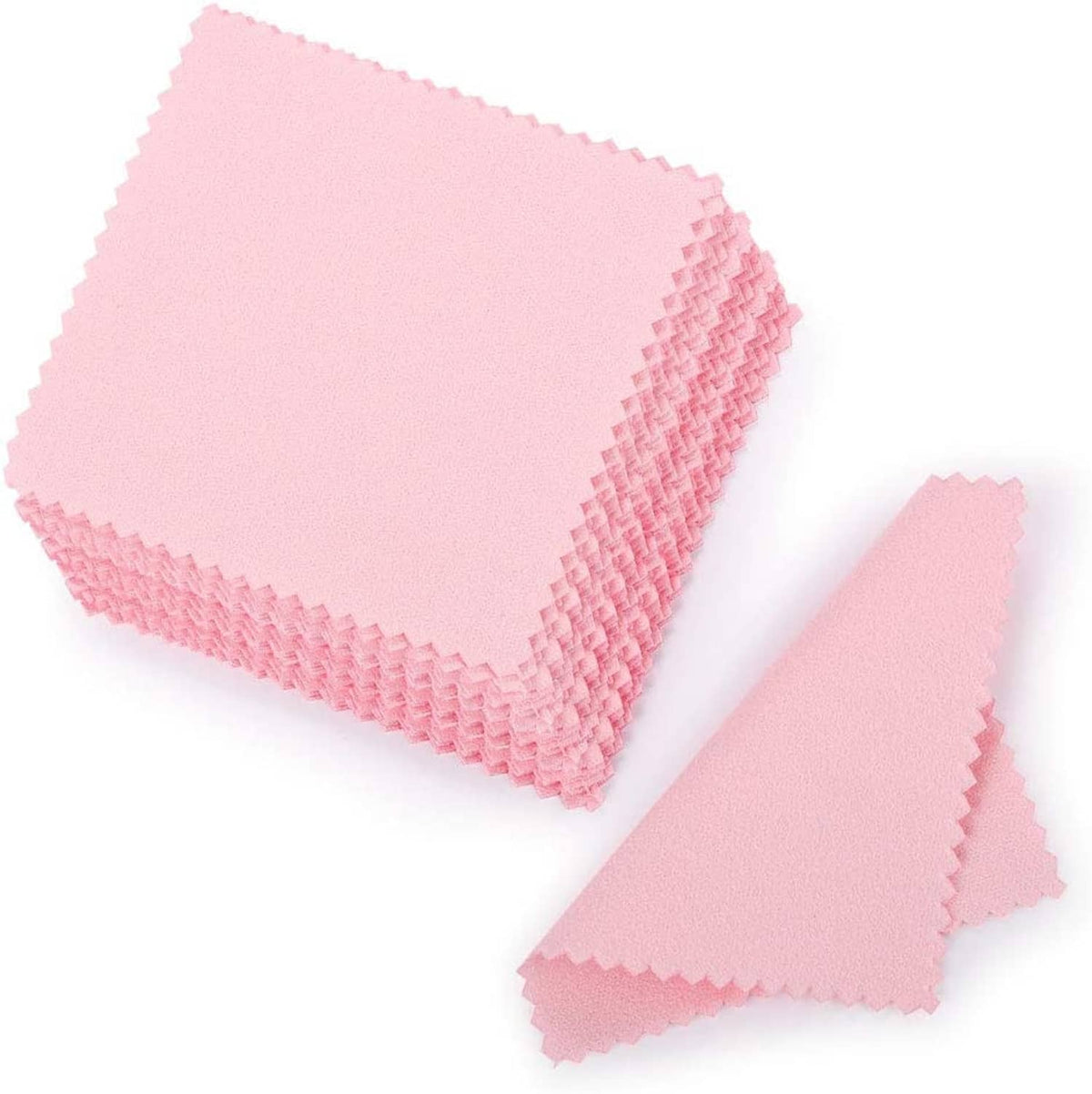 Pink jewelry cleaning polishing cloth, folded square and triangular cloth corner, textured weave