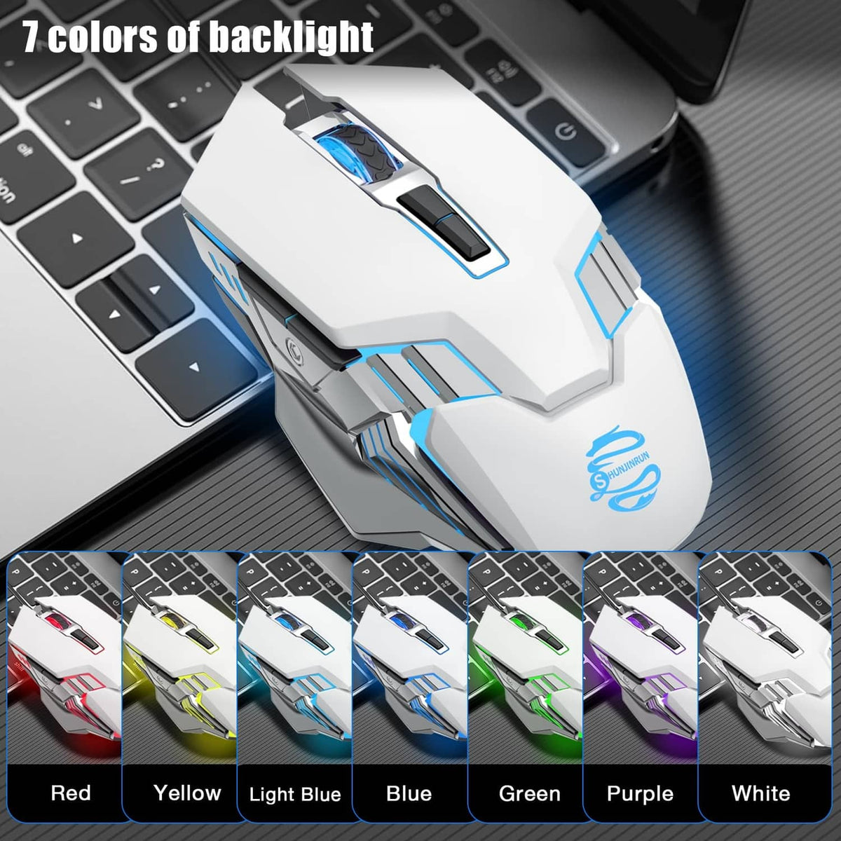 White gaming mouse with blue RGB accents, angled view on a keyboard