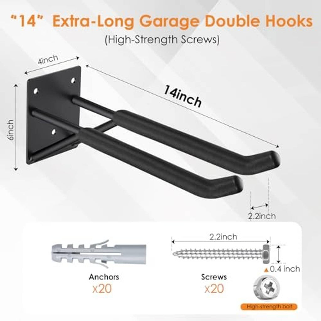 Black extra-long garage double hooks with angled crossbar and rubber-coated grips