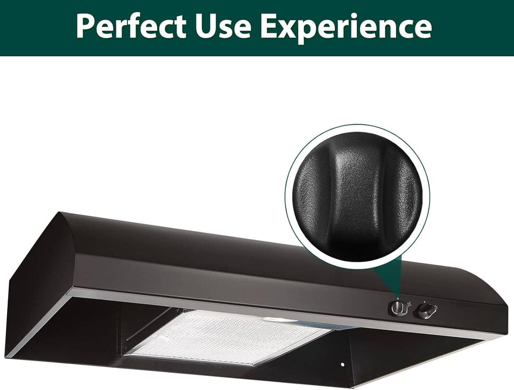 Black range hood with mounted black replacement control knob