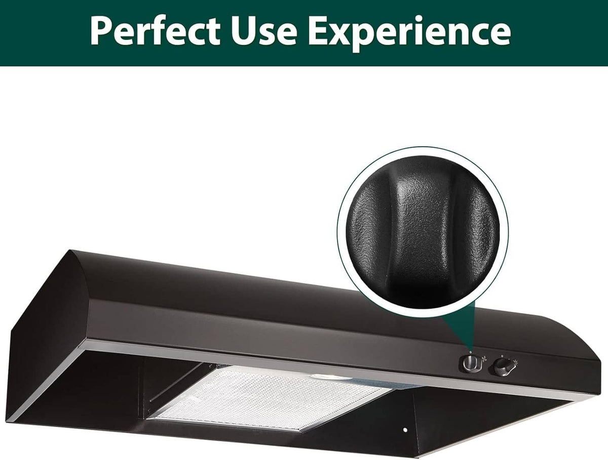 Black range hood with mounted black replacement control knob