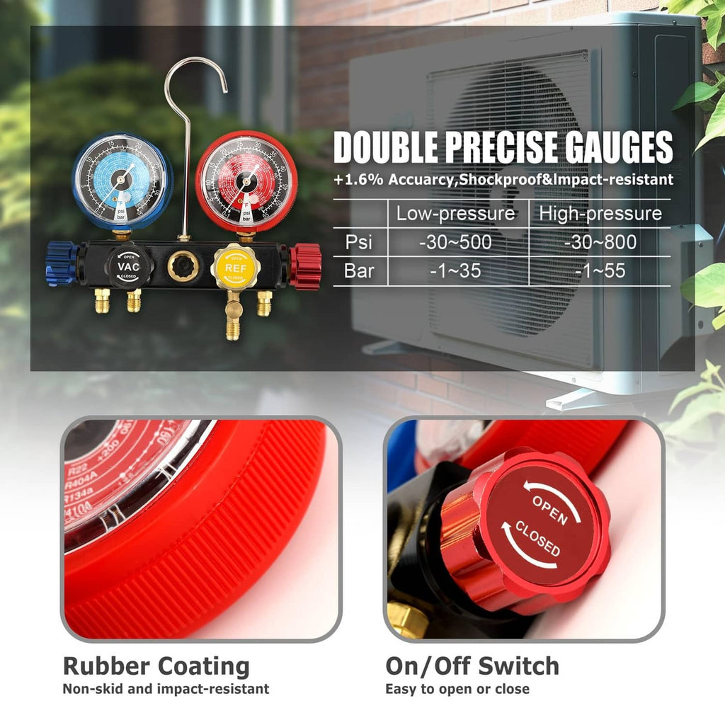Manifold gauge set with blue and red double gauges, valve switches, and brass connectors