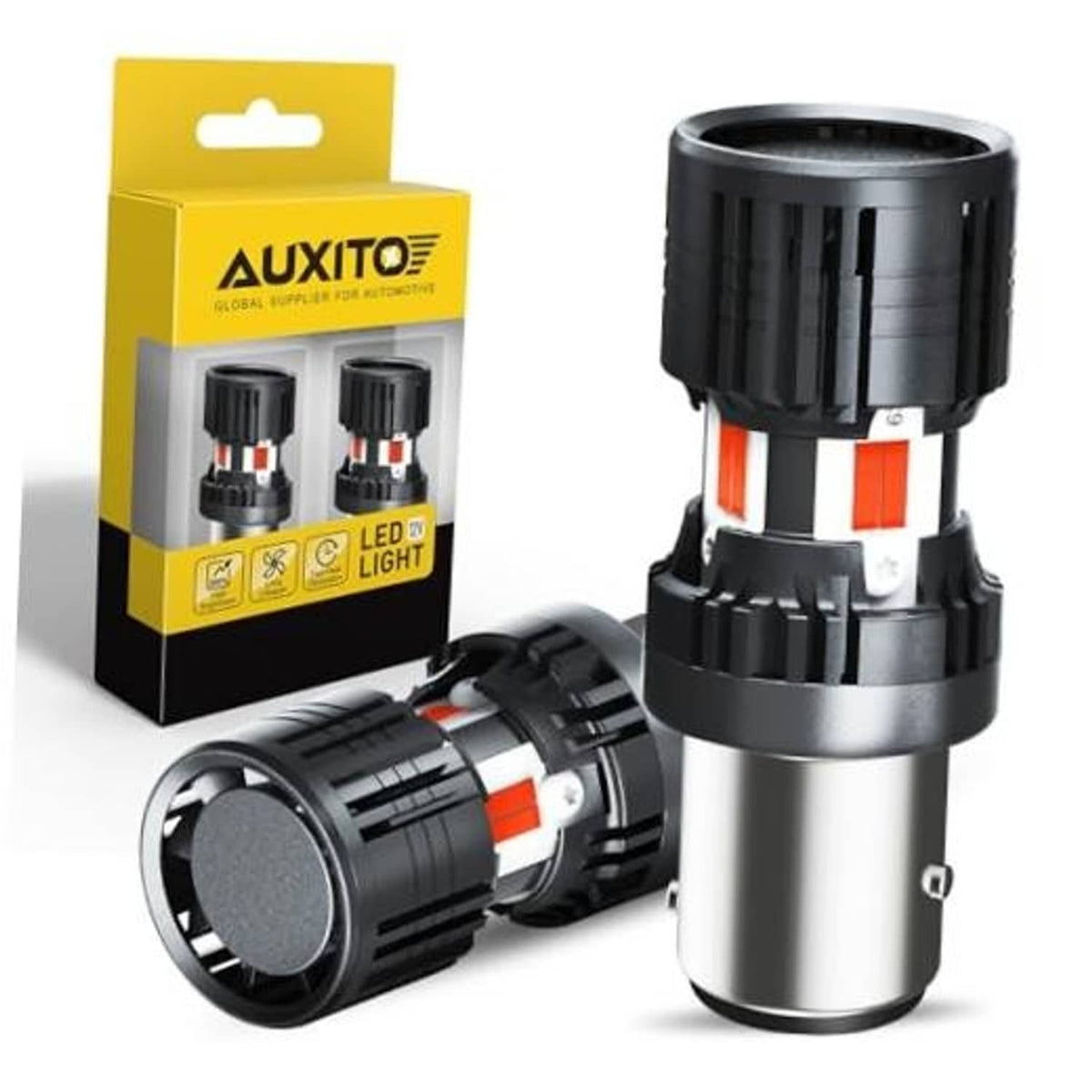 CANbus LED bulb kit with black heat sink and silver base, red reflector stripe