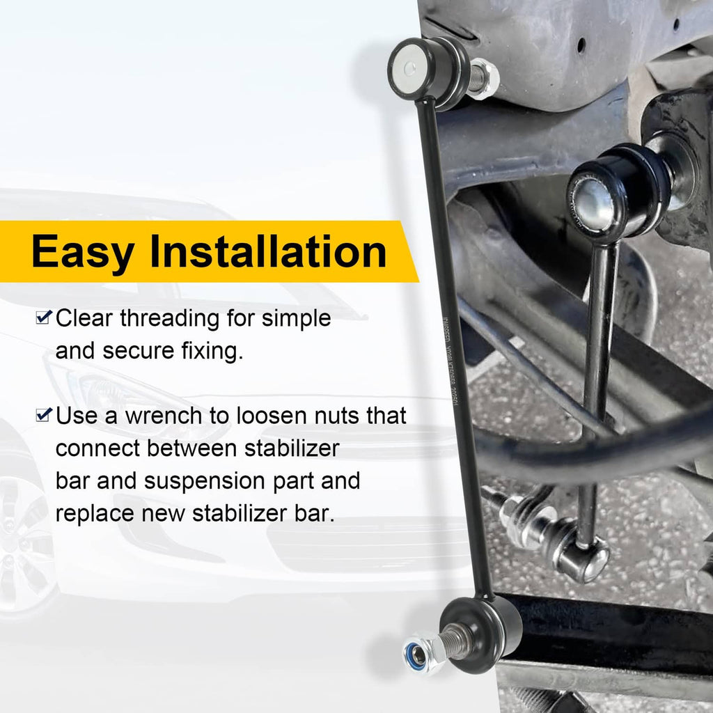 Front sway bar end link with rubber bushing and mounting bolts near suspension hardware
