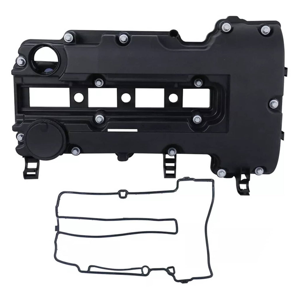 Black camshaft valve cover with gasket set, showing mounting holes and outlets