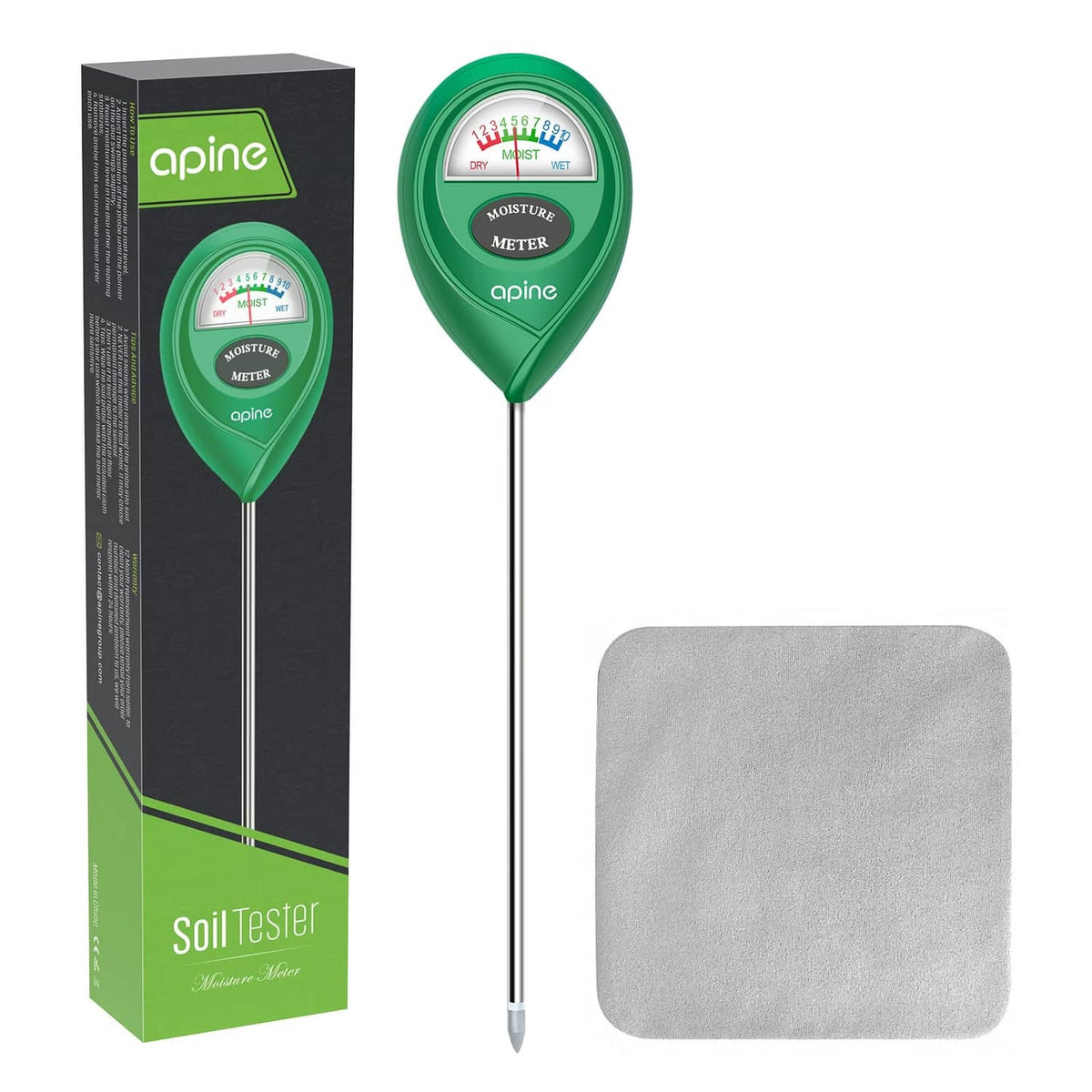 Green soil moisture meter with long metal probe and analog moisture dial