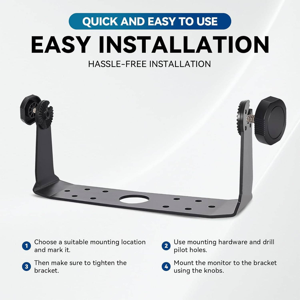 Black gimbal bracket with drilled mounting plate and two knob bases with screws