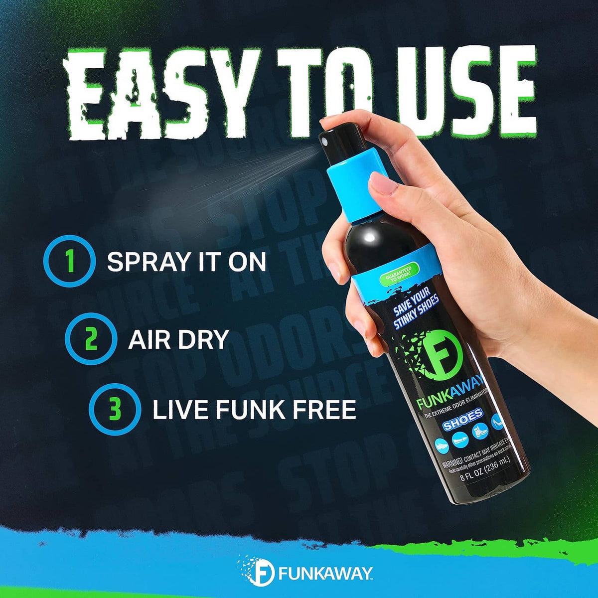 FunkAway shoe odor spray bottle with blue cap shown with easy-use steps on graphic