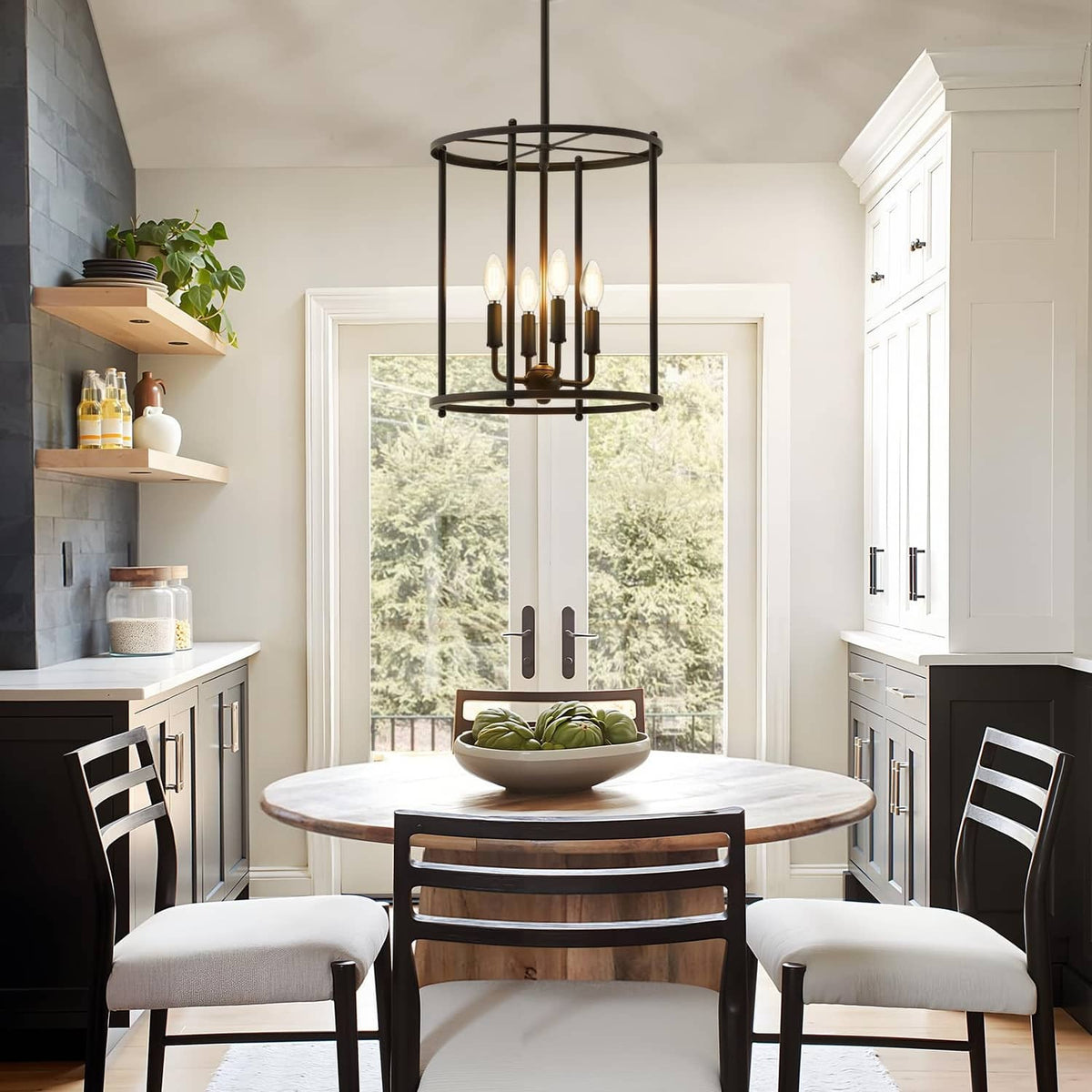 Matte black 4-light chandelier with round cage and warm candle bulbs on chain