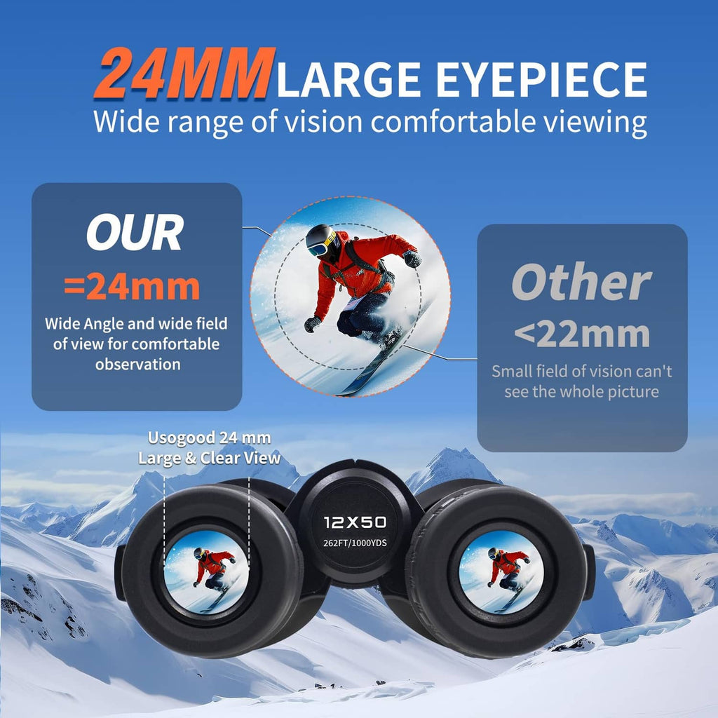 12x50 binoculars with large eyepieces and wide-angle design, rubber grip barrels