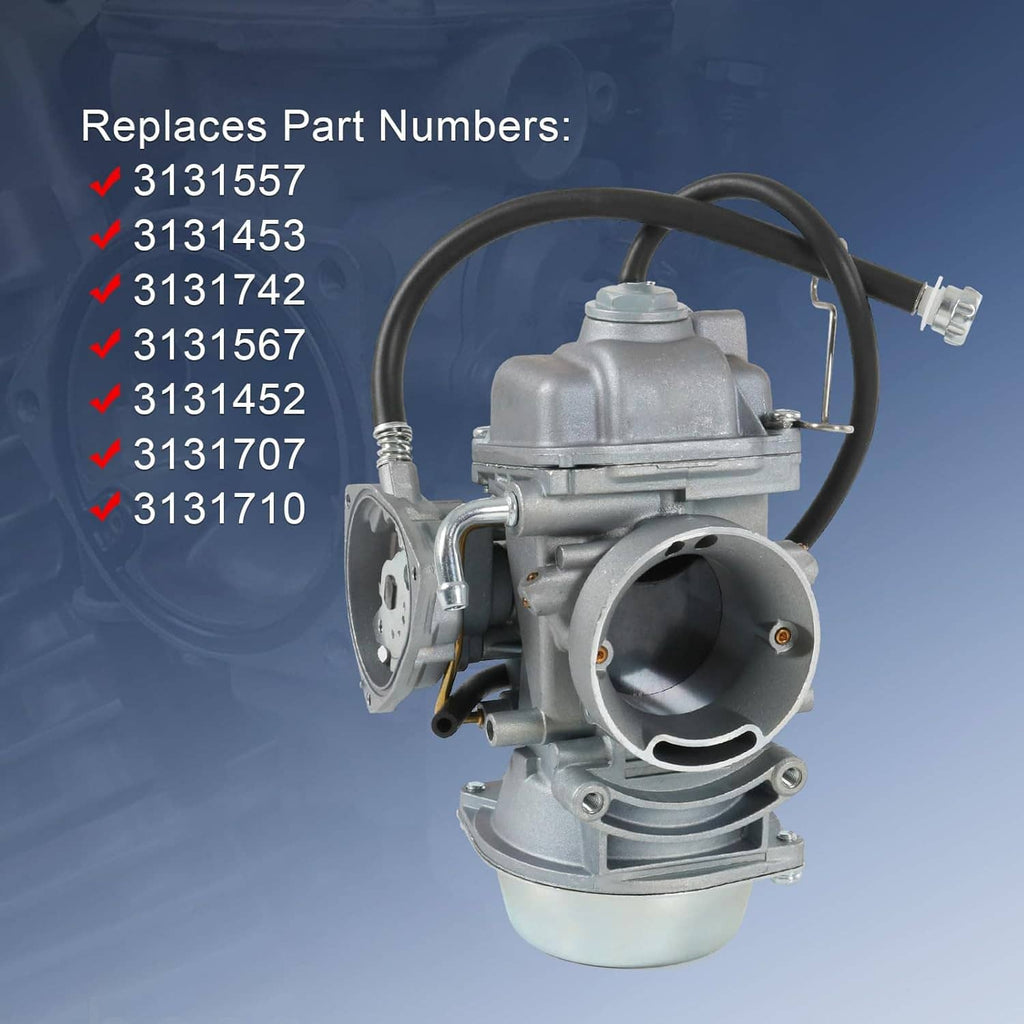 Carburetor unit with fuel line connection and mounting flange, side view