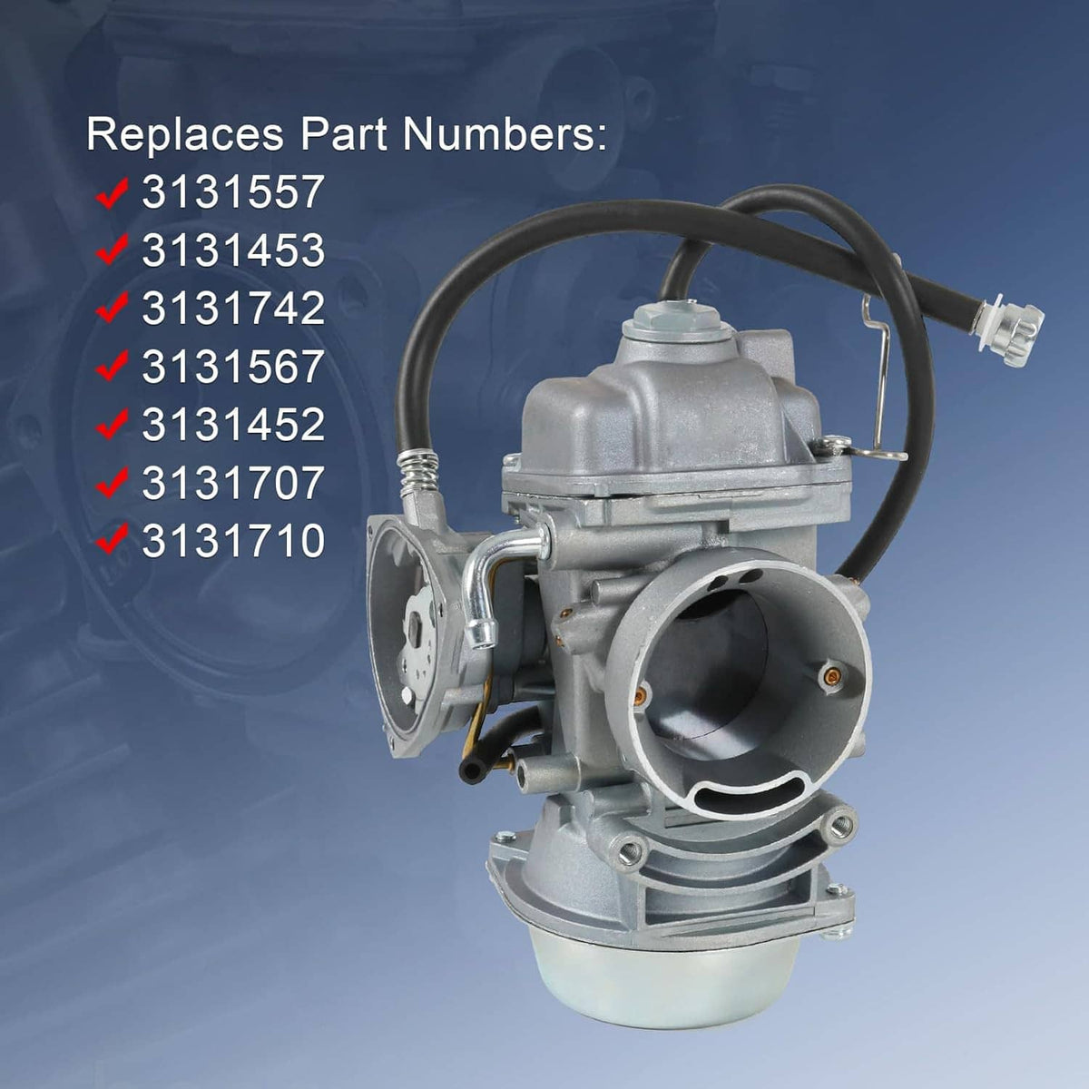 Carburetor unit with fuel line connection and mounting flange, side view