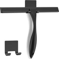 Black shower glass squeegee with wide blade and wall-mount hook holder.