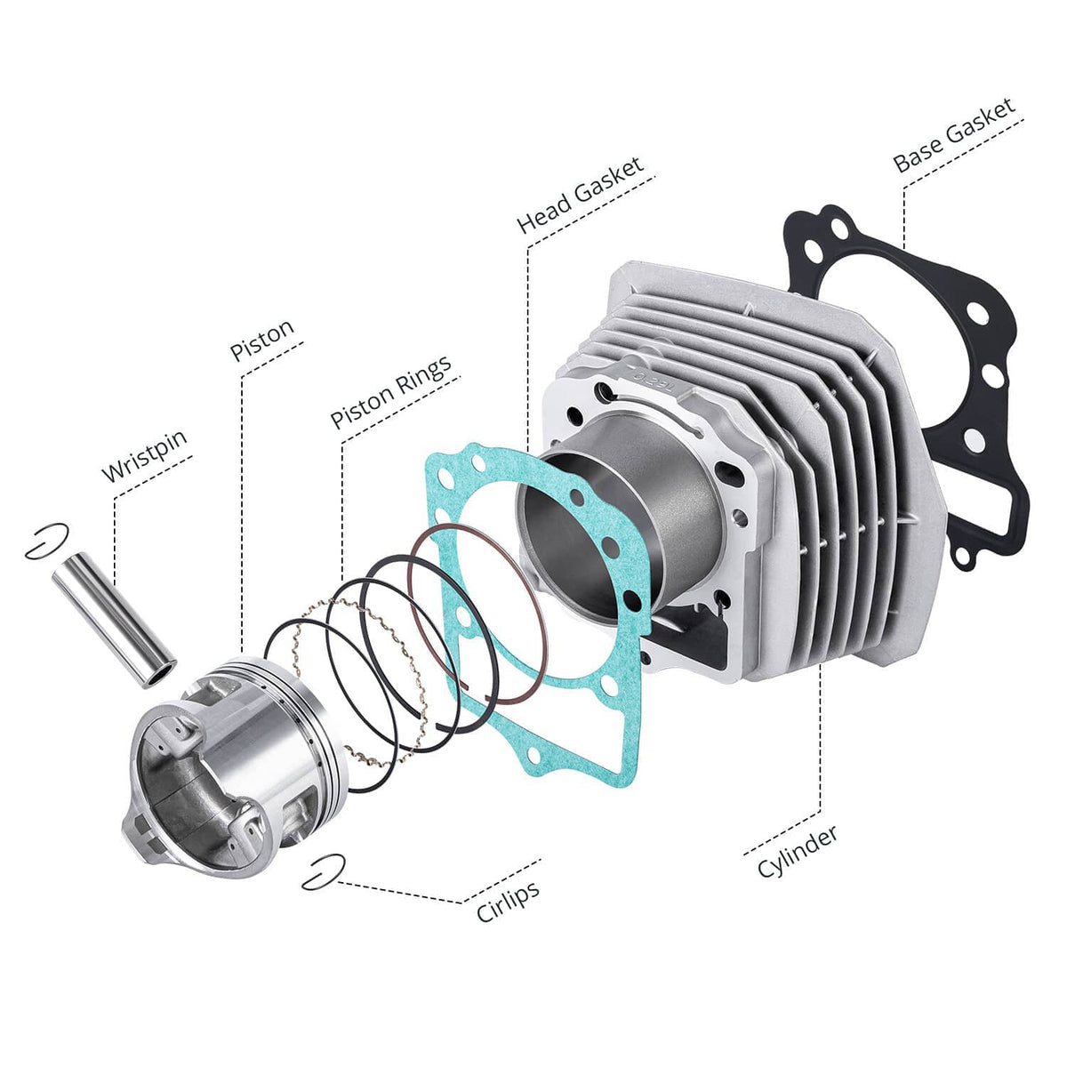 Cylinder piston rebuild kit diagram showing cylinder, piston, wrist pin, rings and gaskets