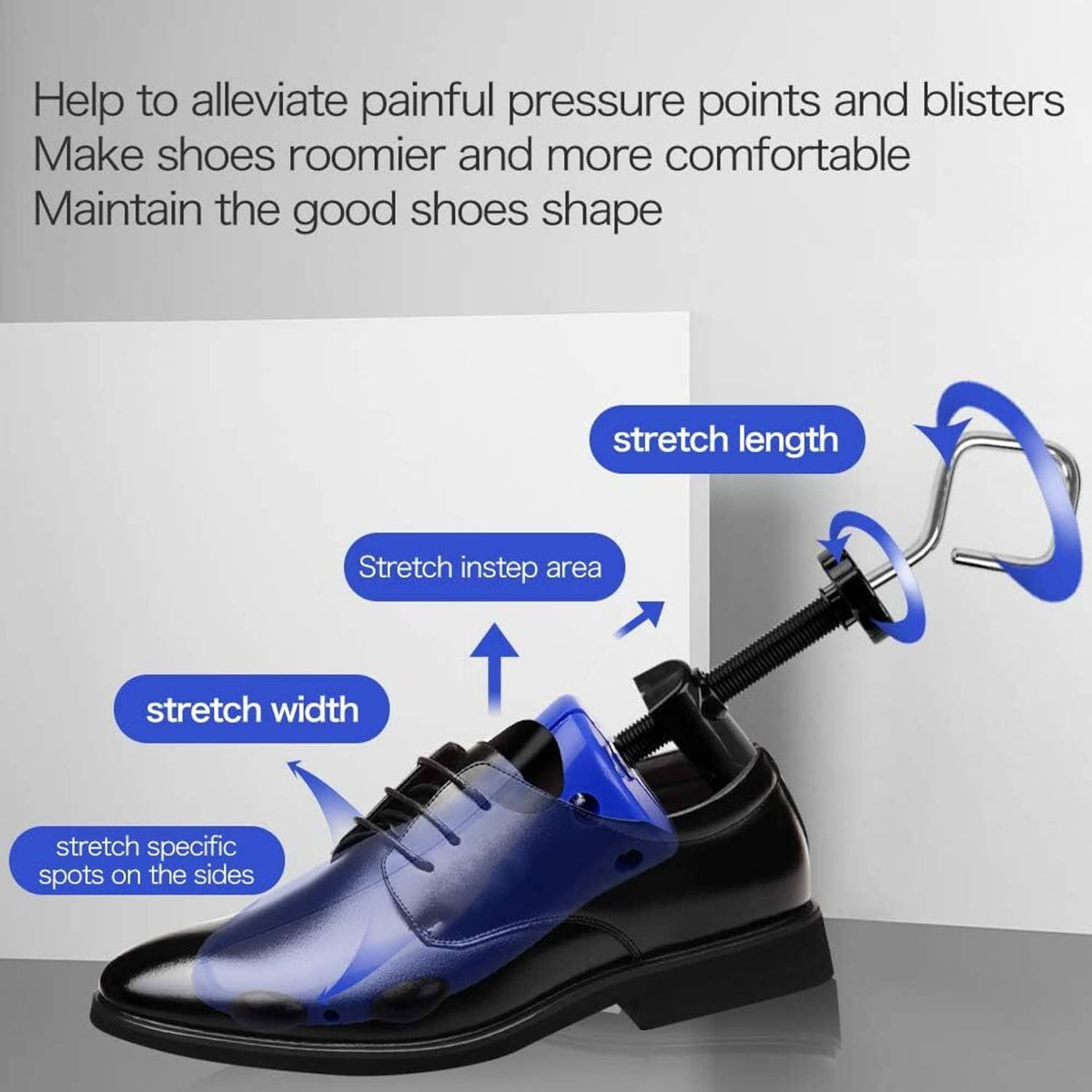 Blue shoe stretcher expander with metal screw and curved wire handles