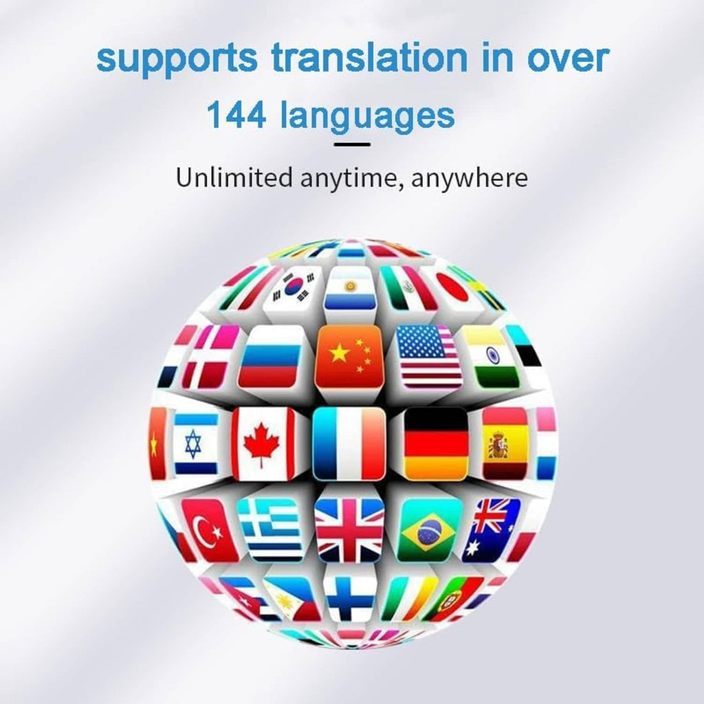 Language translation earbuds feature graphic with globe and 144 languages text