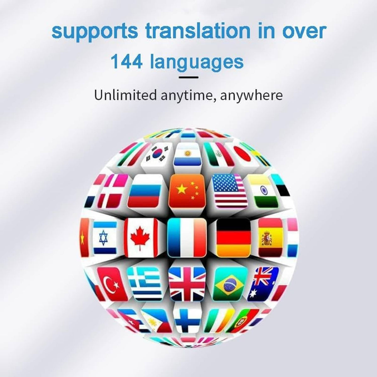 Language translation earbuds feature graphic with globe and 144 languages text