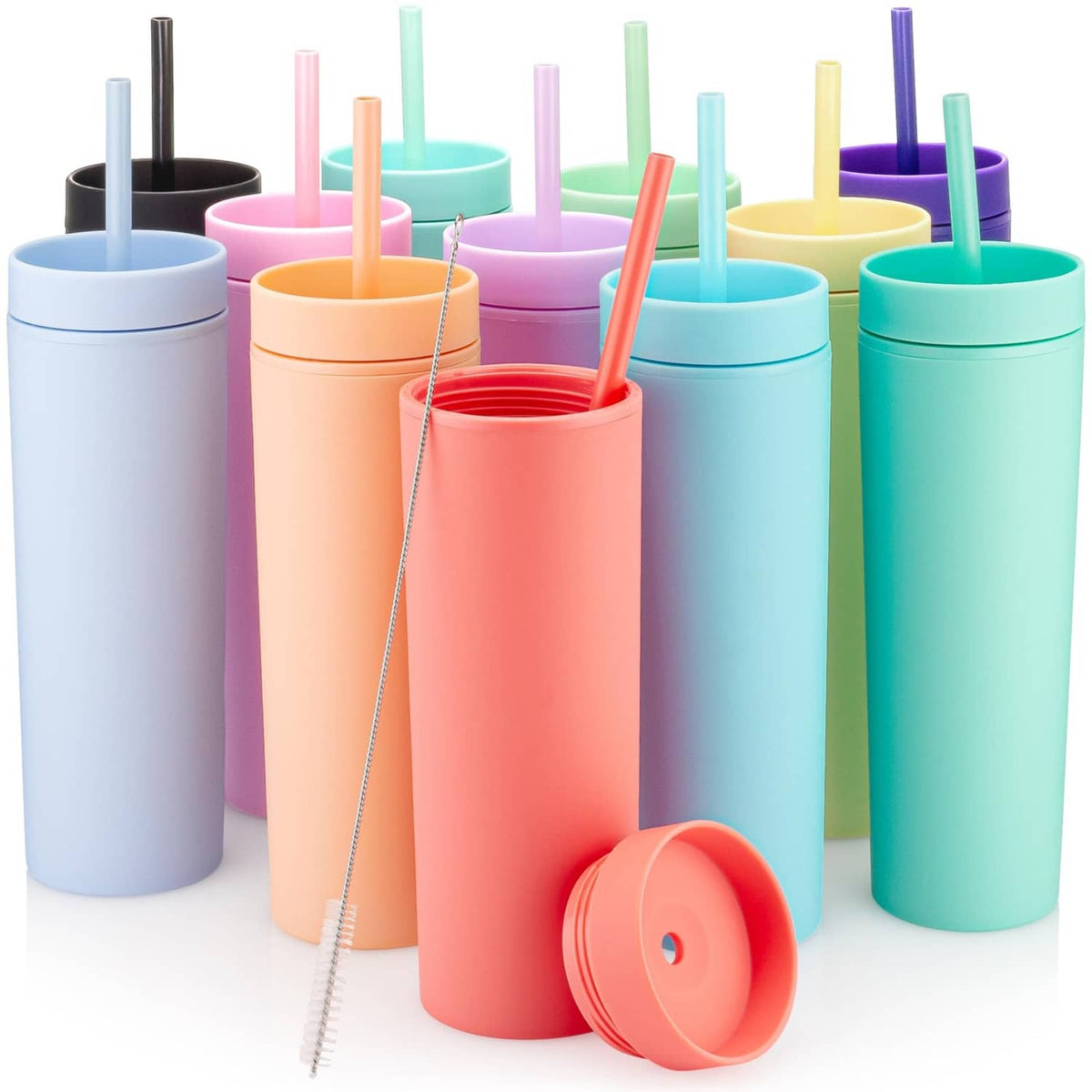 Multicolor skinny tumblers set with lids and straws, 12-pack style