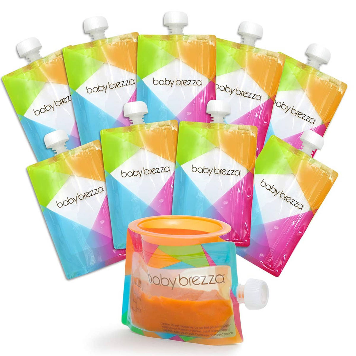Reusable baby food pouch set with white caps and colorful bags, orange puree-filled pouch