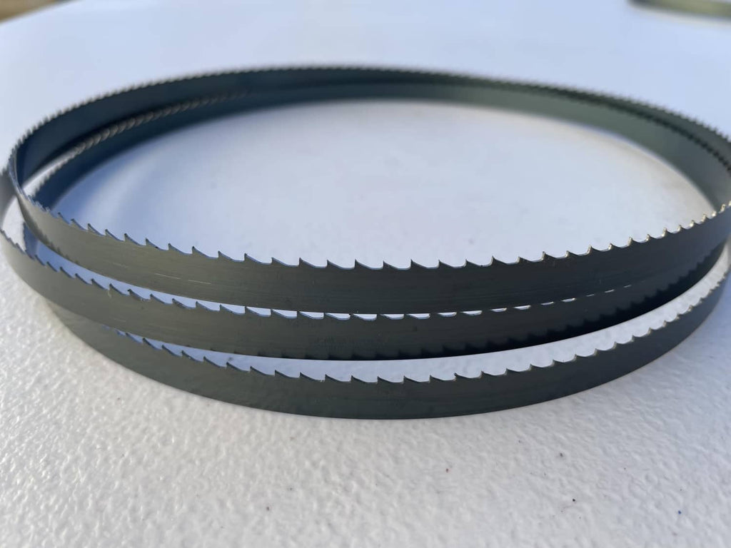 Dark blue wood bandsaw blade coiled ring with visible serrated edge