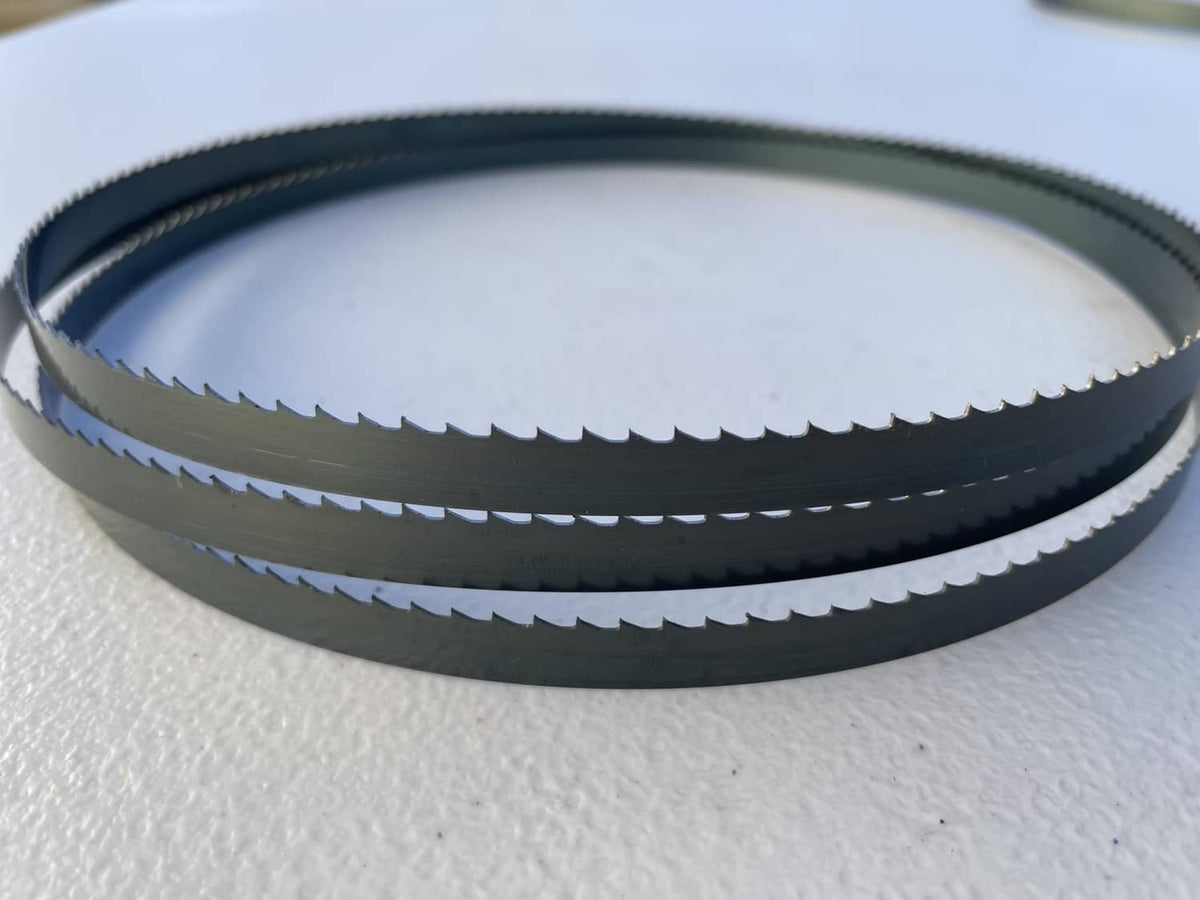 Dark blue wood bandsaw blade coiled ring with visible serrated edge