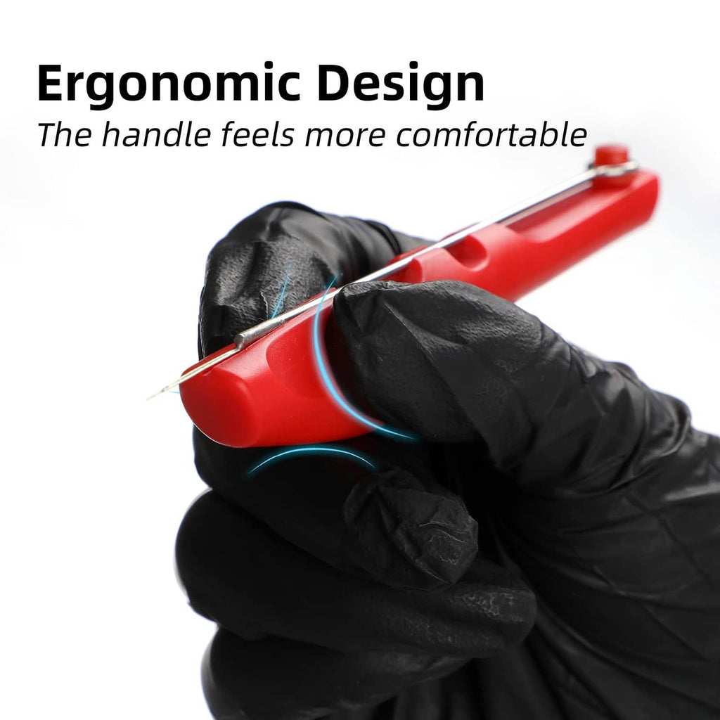 Tattoo poke-a-stick pen held in black gloves for ergonomic grip, red handle