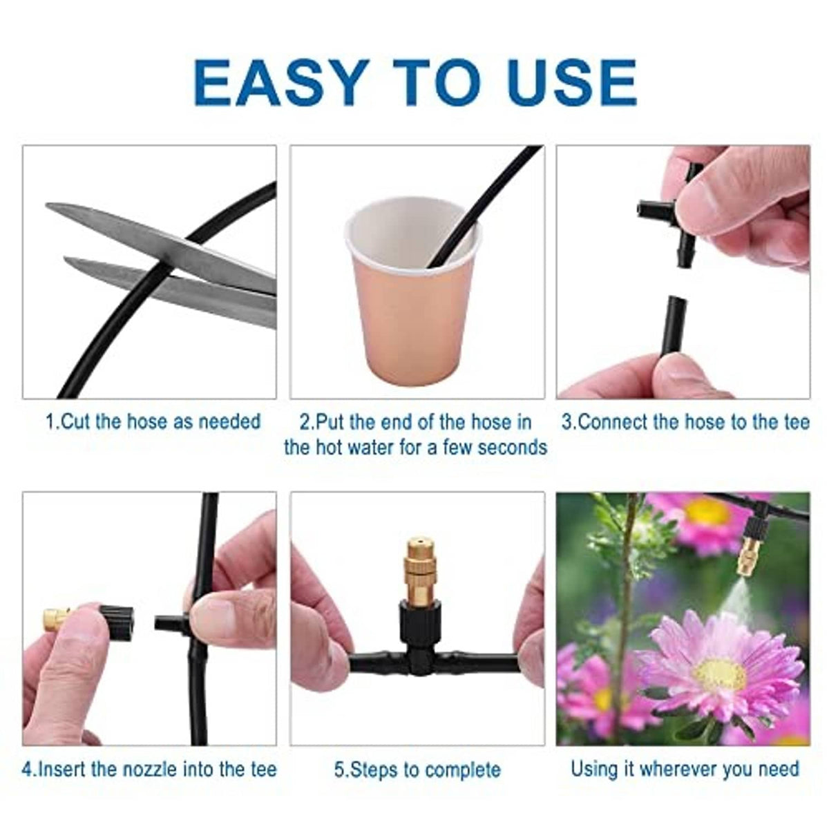 How-to steps for installing atomizing nozzle kit: hose, tee connection, and spray