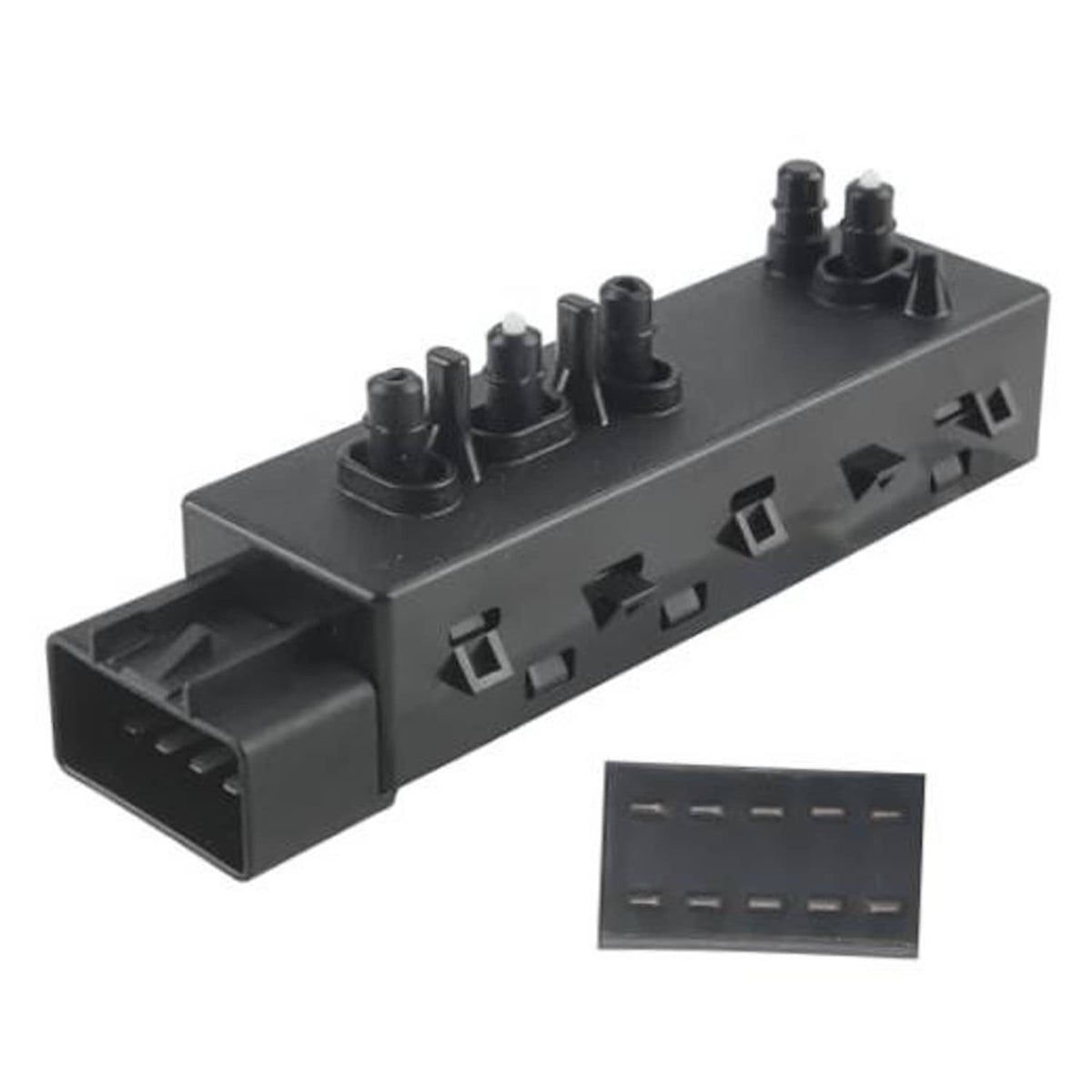 Power seat switch with exposed connector end and side port openings, black plastic module