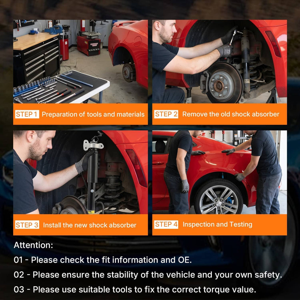 Shock absorber installation steps shown with two rear shocks and mounting hardware in garage