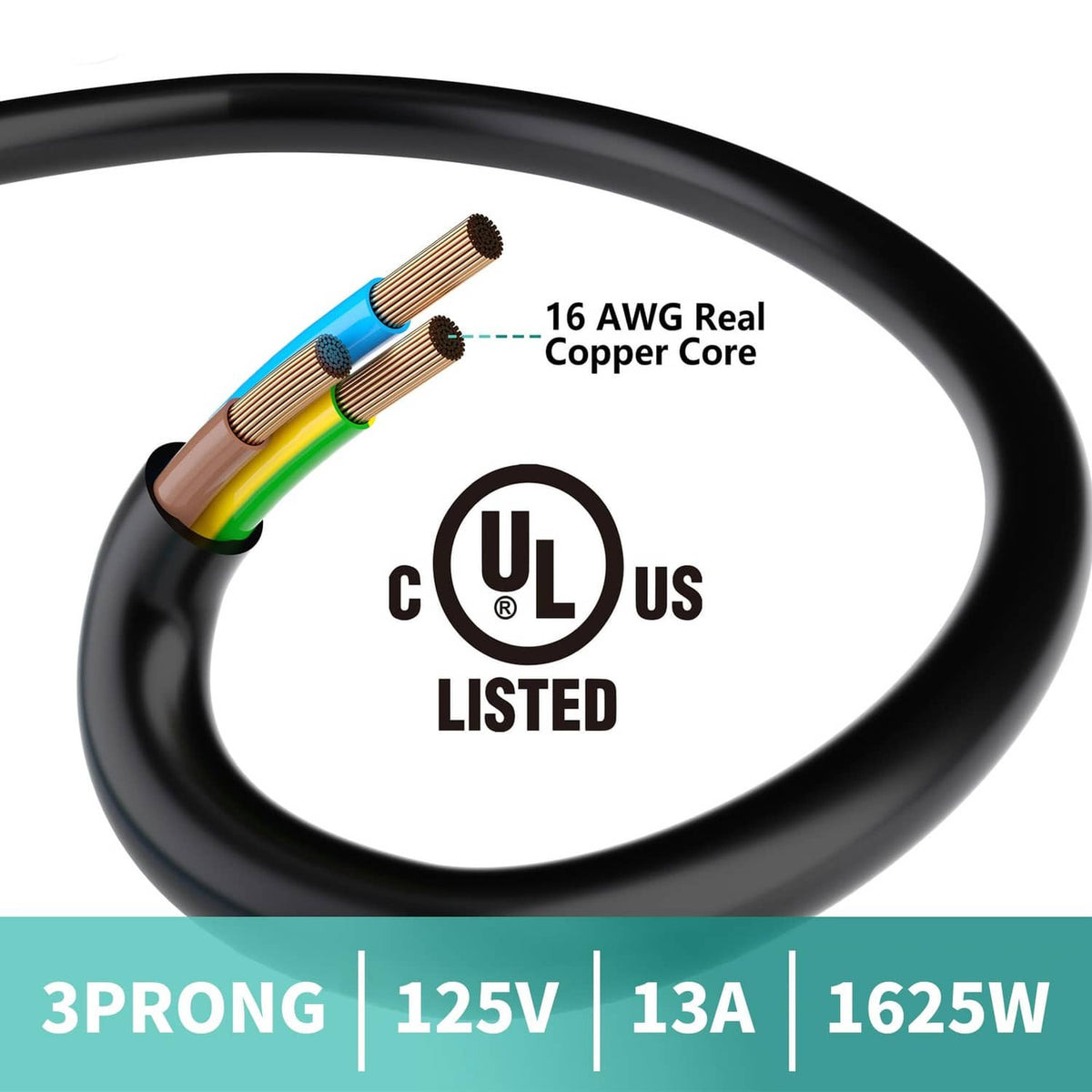 Black 3-prong Y-split power extension cord with copper wire core