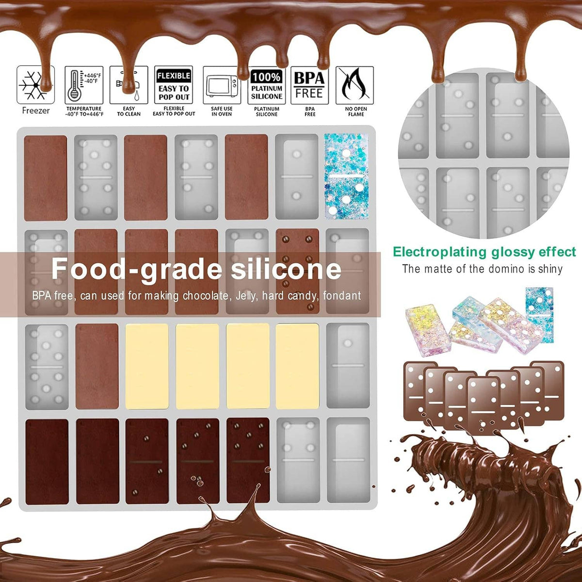Jumbo resin domino casting molds set in food-grade gray silicone, multiple cavity shapes