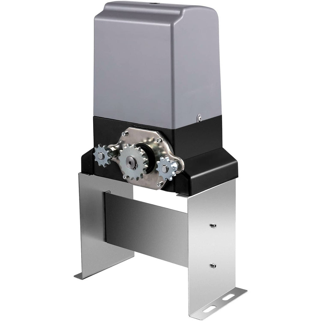 Automatic sliding gate opener drive mechanism with gears and mounting feet