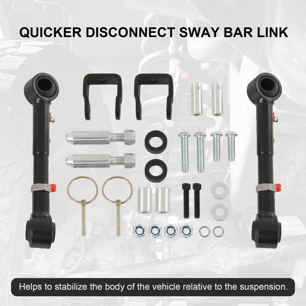 Quick-disconnect sway bar link set with black links, bushings, and bolt kit components