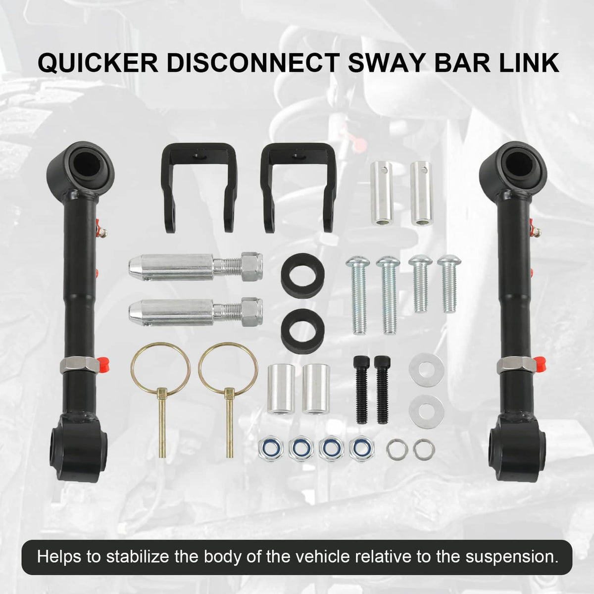 Quick-disconnect sway bar link set with black links, bushings, and bolt kit components