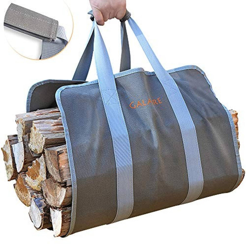 Foldable gray canvas firewood carrier with light blue webbing handles
