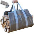 Foldable gray canvas firewood carrier with light blue webbing handles