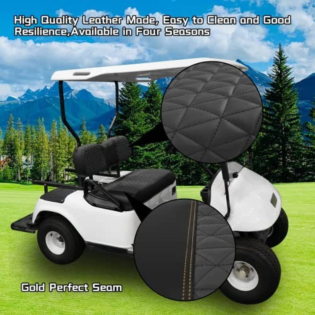 Black quilted golf cart seat covers showing front seat and headrest covers