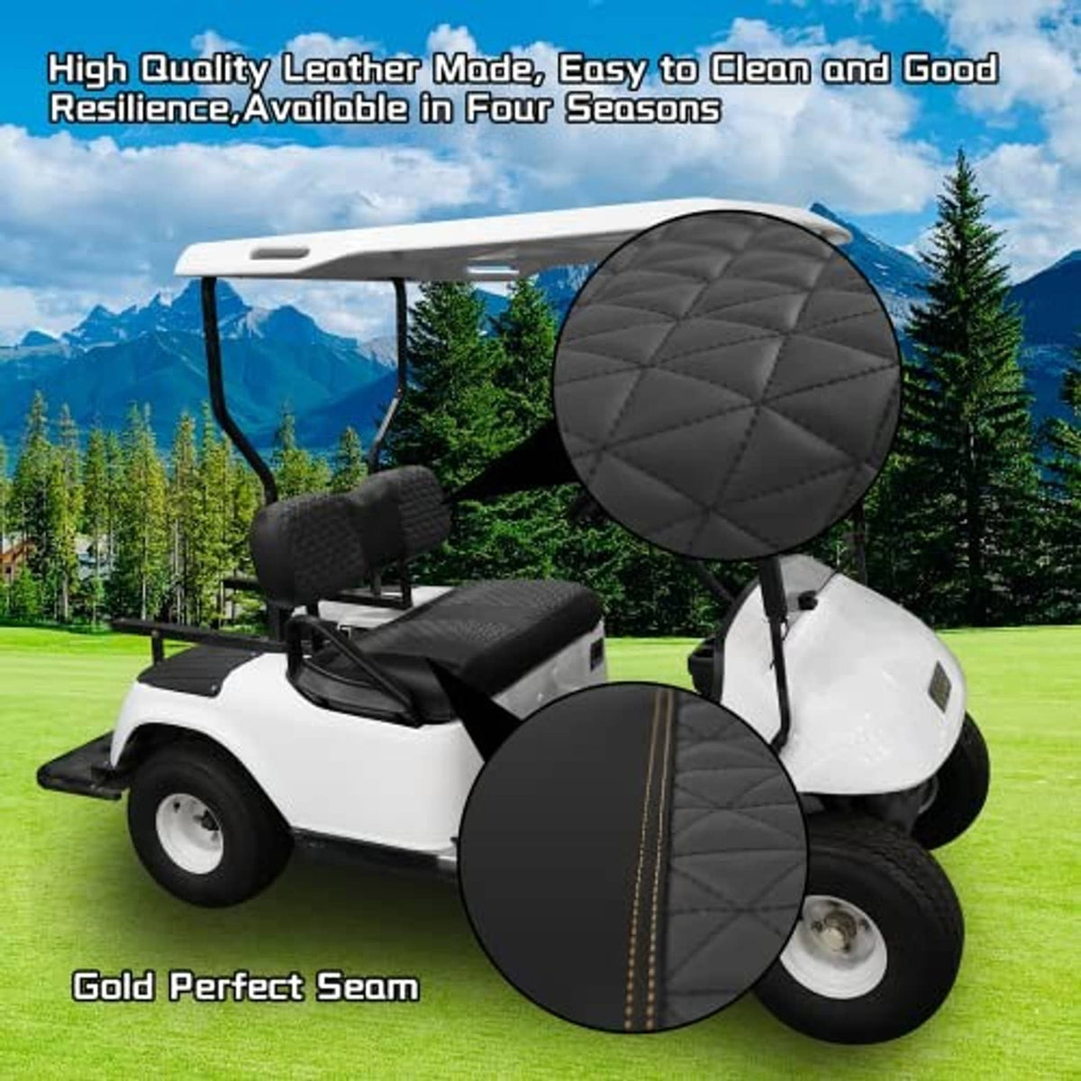 Black quilted golf cart seat covers showing front seat and headrest covers