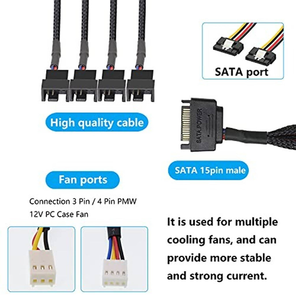 Braided SATA 15-pin male to multiple 3/4-pin fan power leads, black connectors