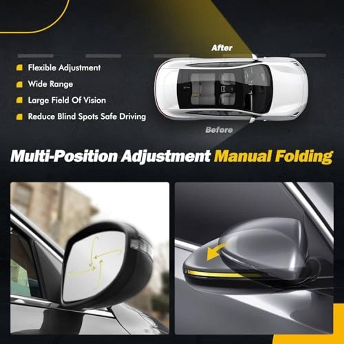 Side mirror manual folding adjustment comparison, showing before and after glass view