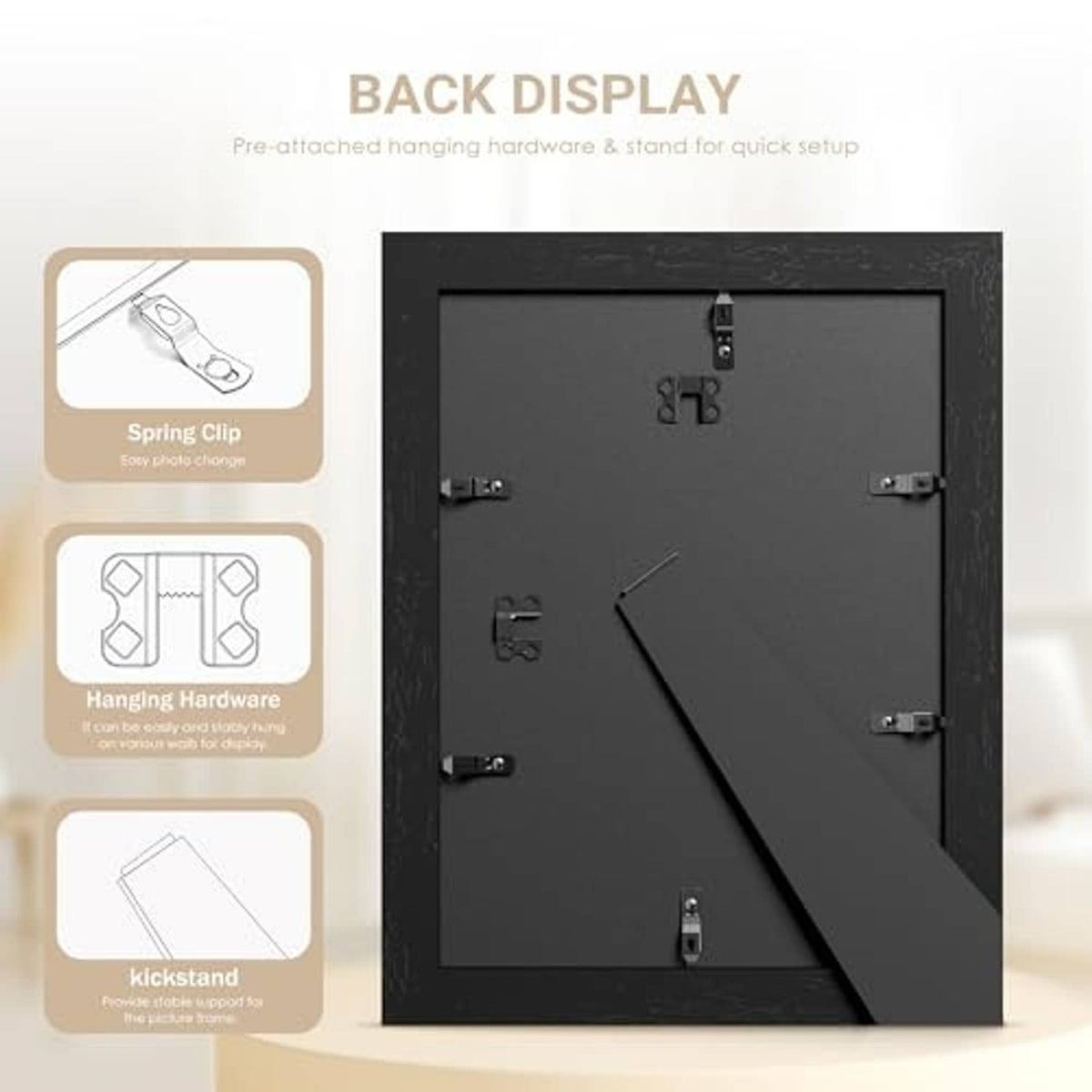 Black picture frame back display with hanging hardware for quick setup