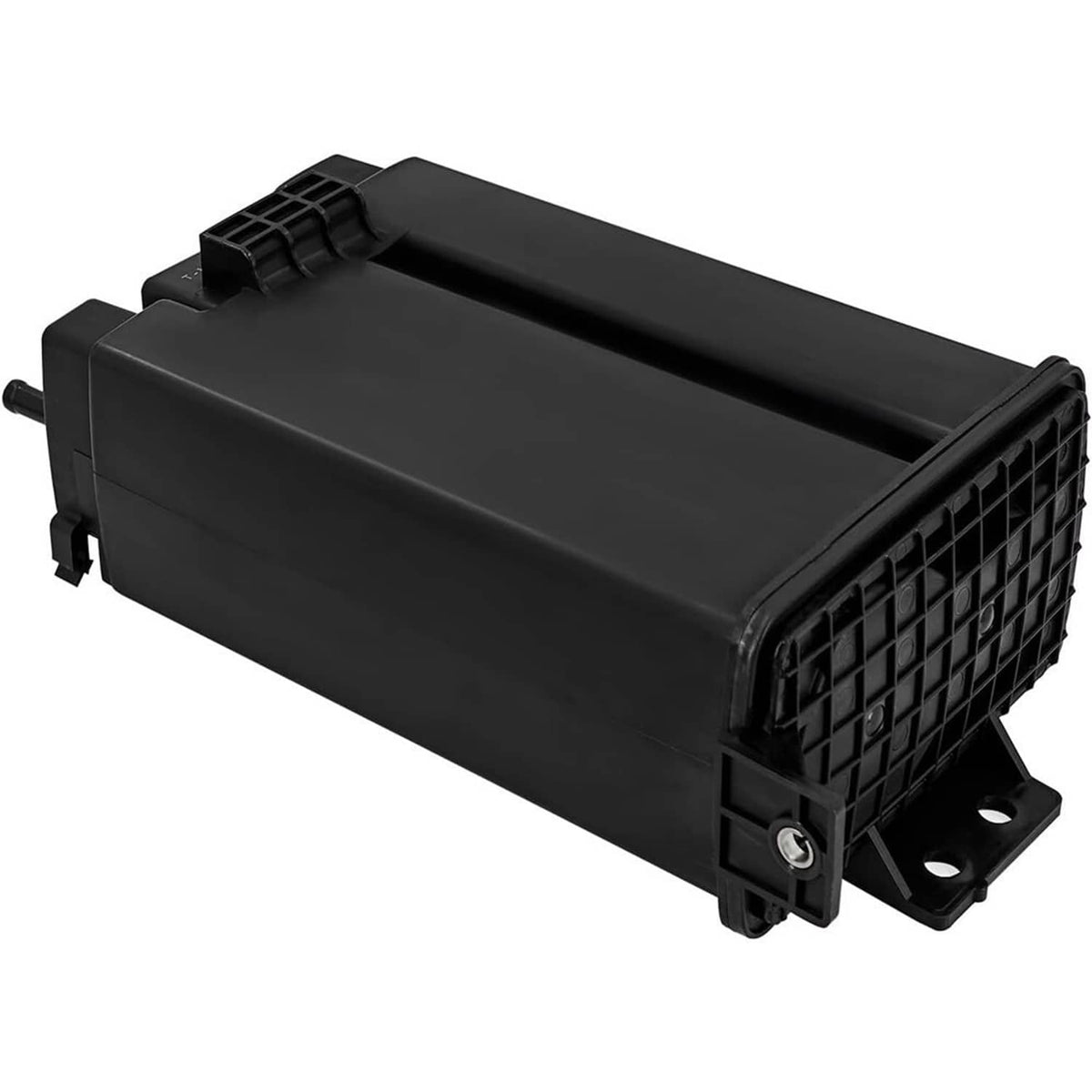 Black fuel vapor canister with vented end grille and side mounting tab