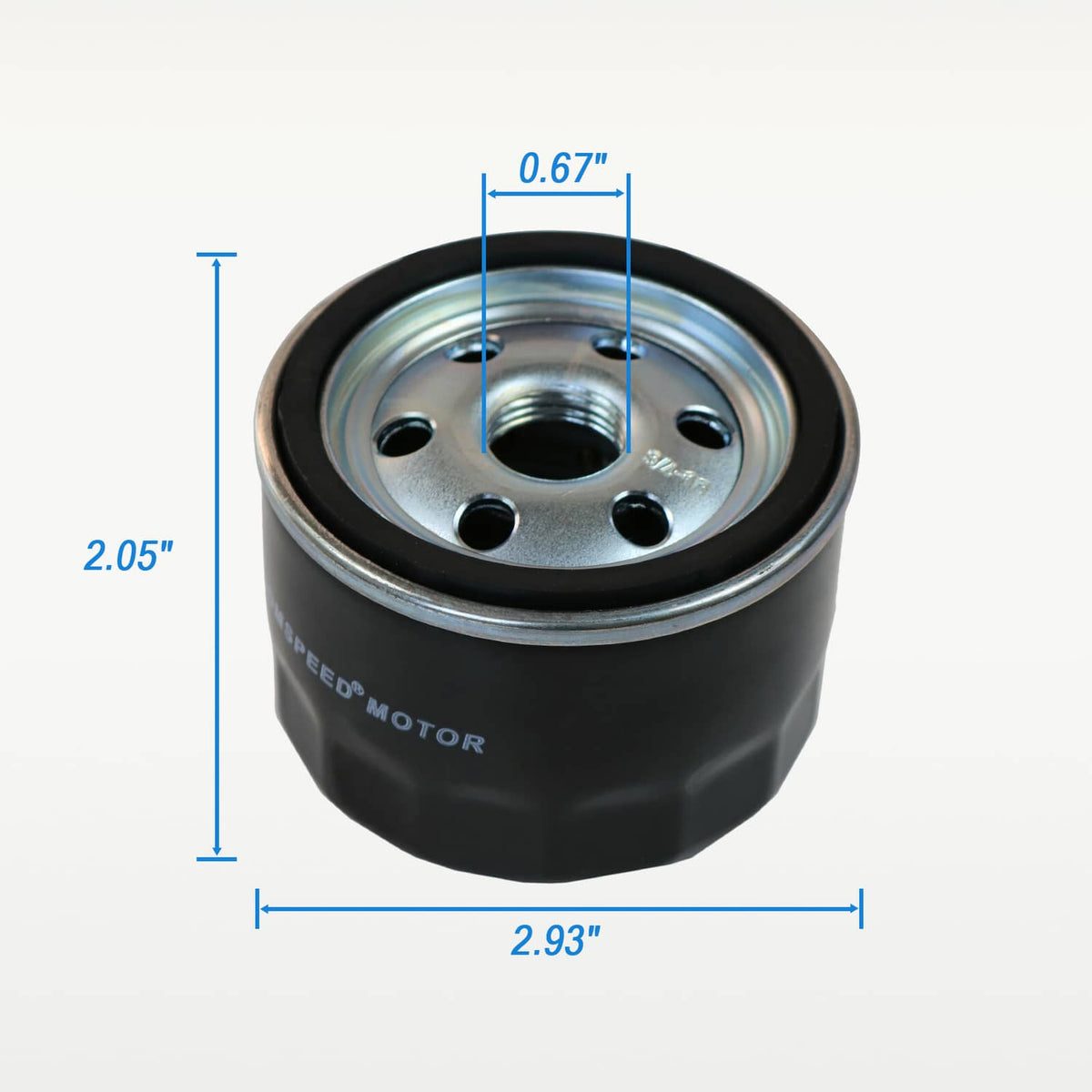Black oil filter canister with silver metal top plate and center outlet; dimensions shown