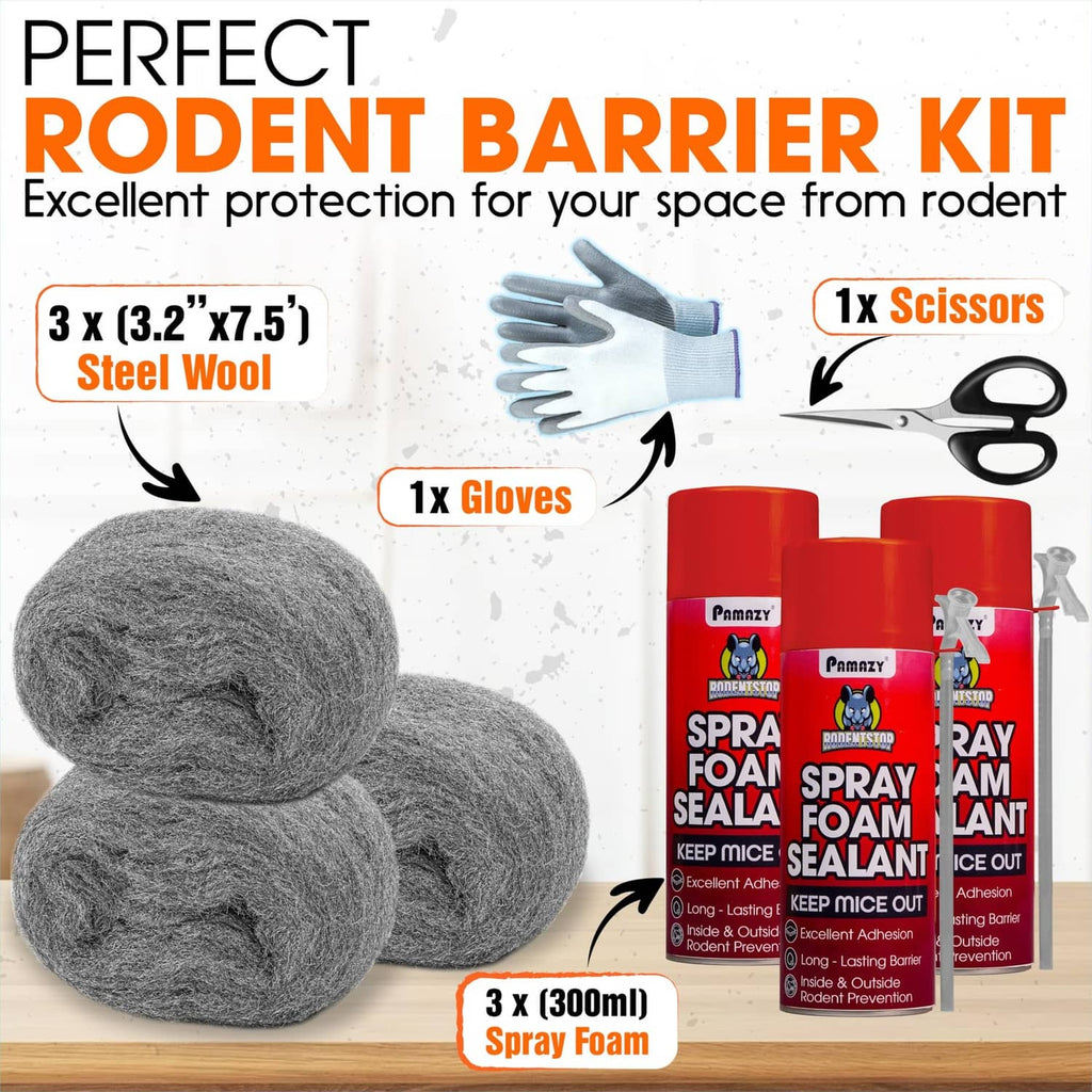 Rodent barrier kit with gray steel wool, spray foam cans, scissors, and gloves