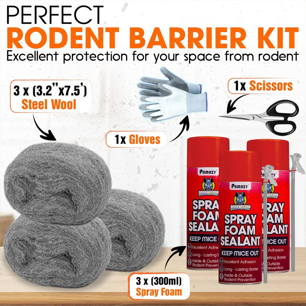 Rodent barrier kit with gray steel wool, spray foam cans, scissors, and gloves