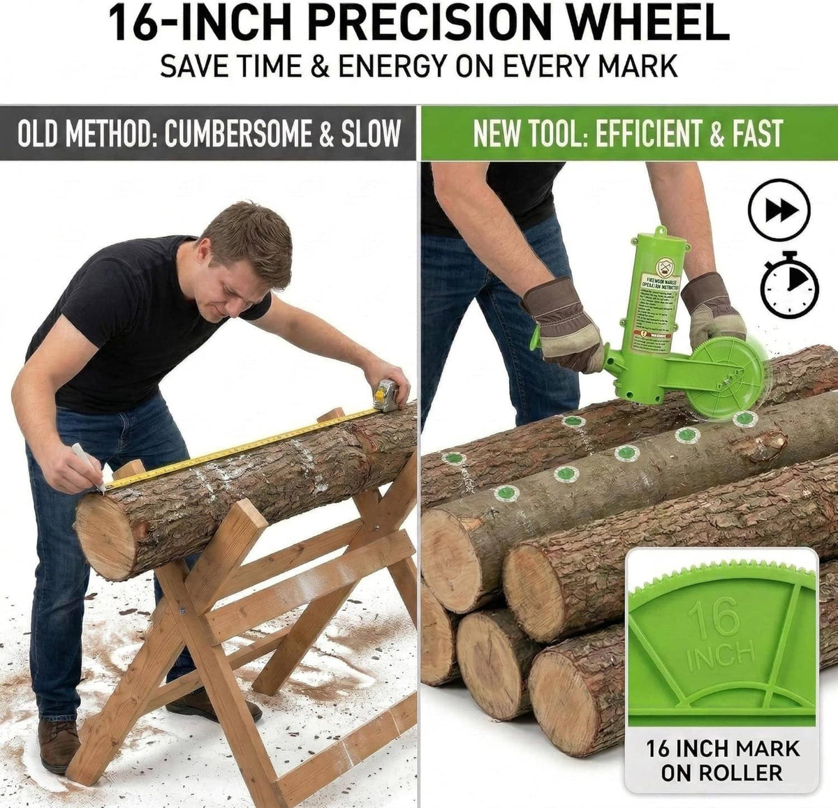 Firewood marker tool with large 16-inch wheel, shown marking logs for precision