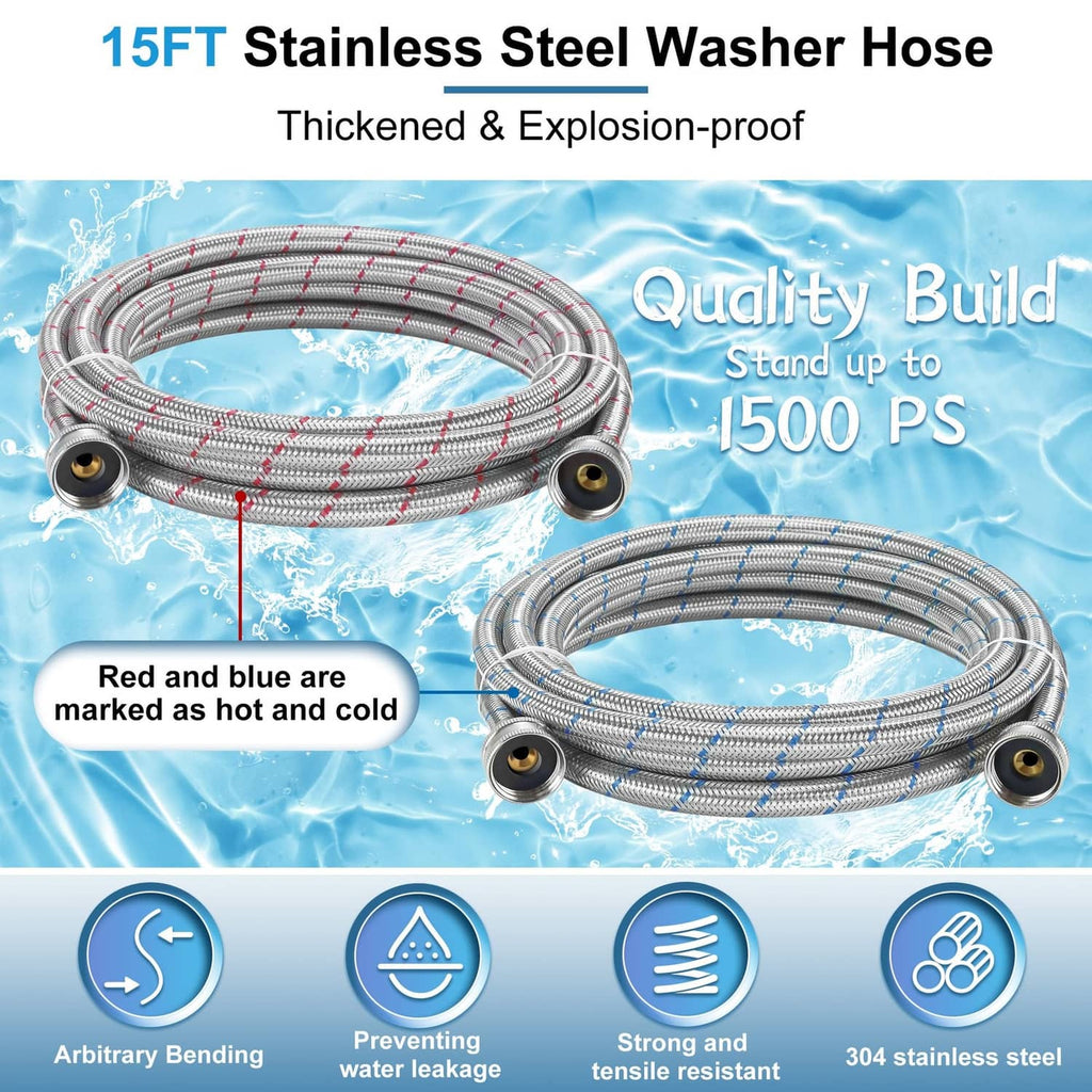 15FT stainless steel washer hose pair with brass end connectors and red/blue stripes