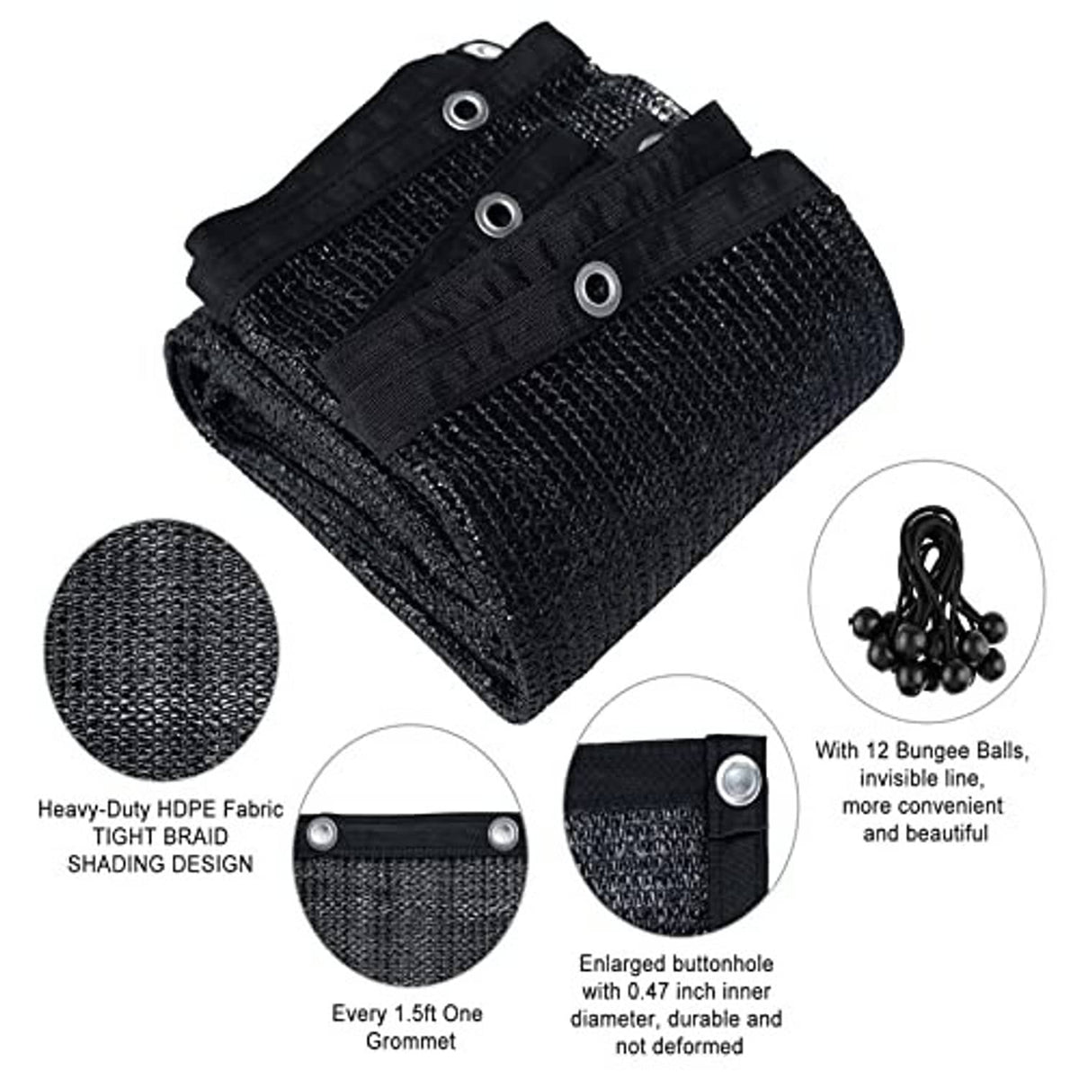 Black shade cloth panel with grommets and 12 black bungee balls